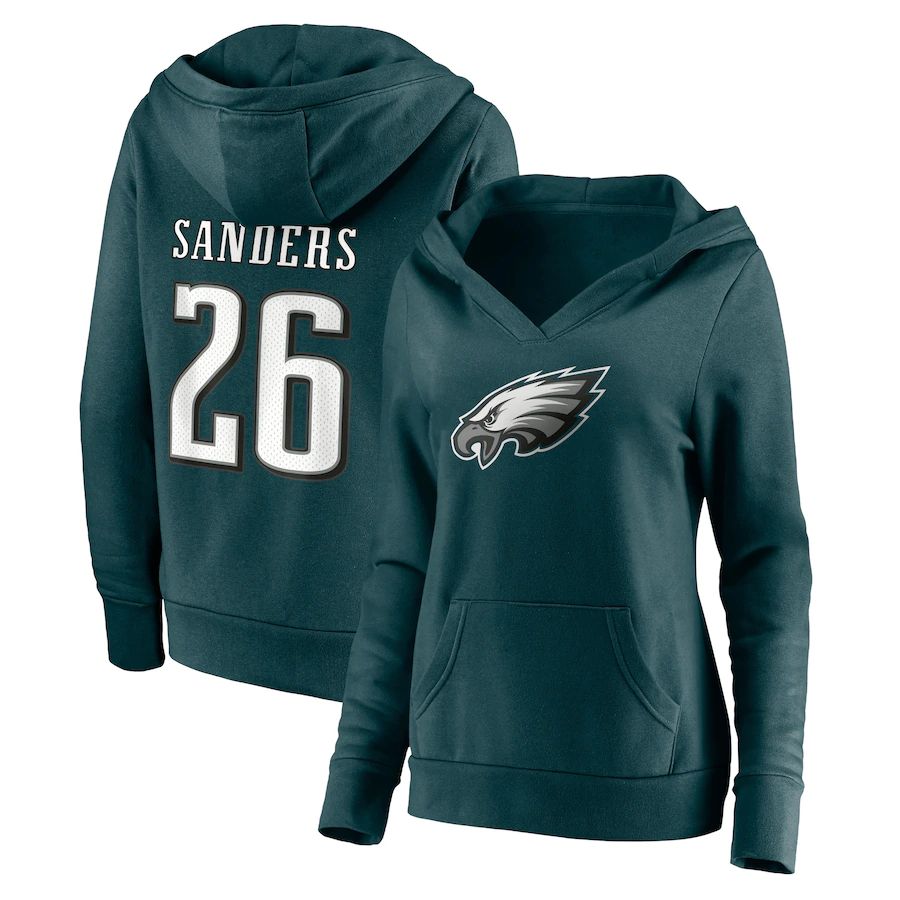 Women Philadelphia Eagles 26 Miles Sanders Fanatics Branded Green Player Icon Name & Number Pullover Hoodie